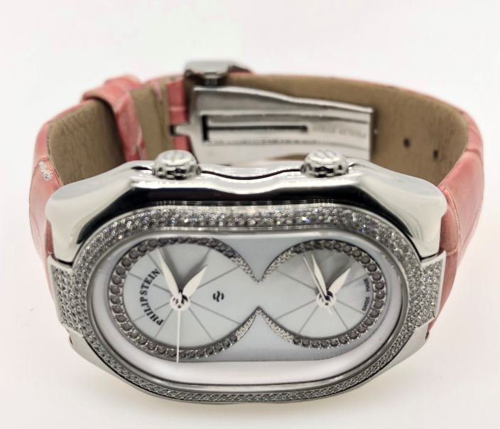 EST PHILIP STEIN SS SMALL LADIES PRESTIGE WATCH HAVING MULTIPLE FREQUENCY TECHNOLOGY  WHT MOP INFINITE DIA DIAL W/ NO MARKERS & A TOTAL OF 54FC GRAD DIA SET IN 2 CRESCENT SHAPES ON DIAL & 252FC DIA PAVE SET AROUND CASE.