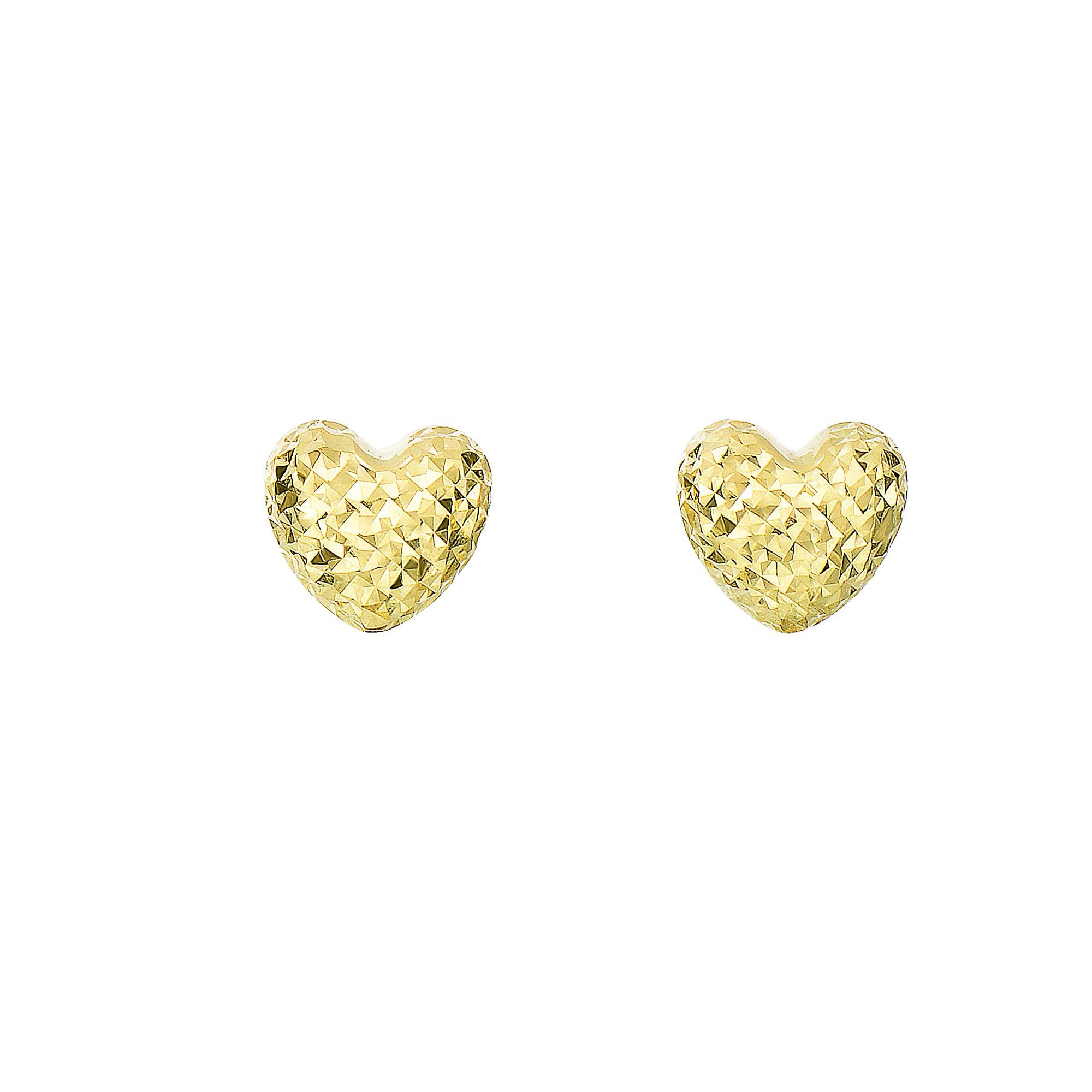 14 Karat Yellow Gold Diamond Cut Heart Shaped Stud Earrings