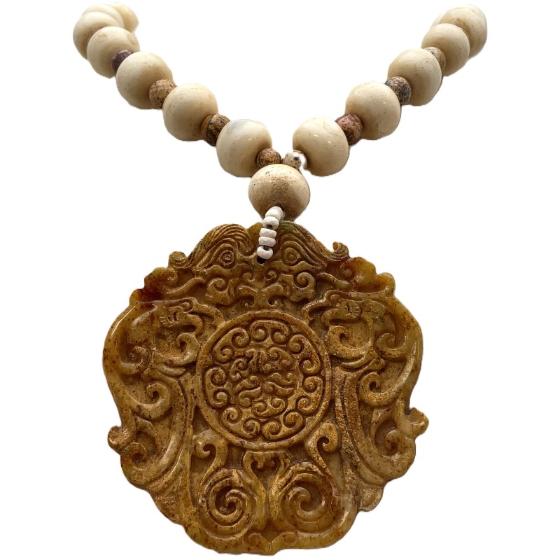 Lisa Zipperer Bone  Turquoise Howlite With Carved Jade Medallion Necklace