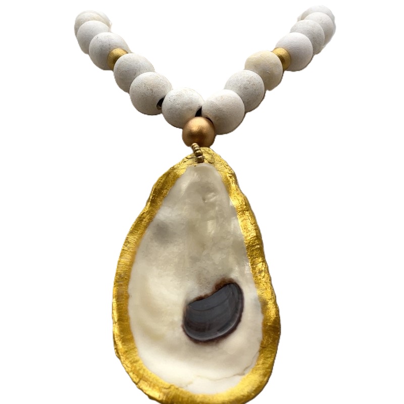 Lisa Zipperer Wood And Gold Hand Painted Oyster Shell Medallion Necklace.
