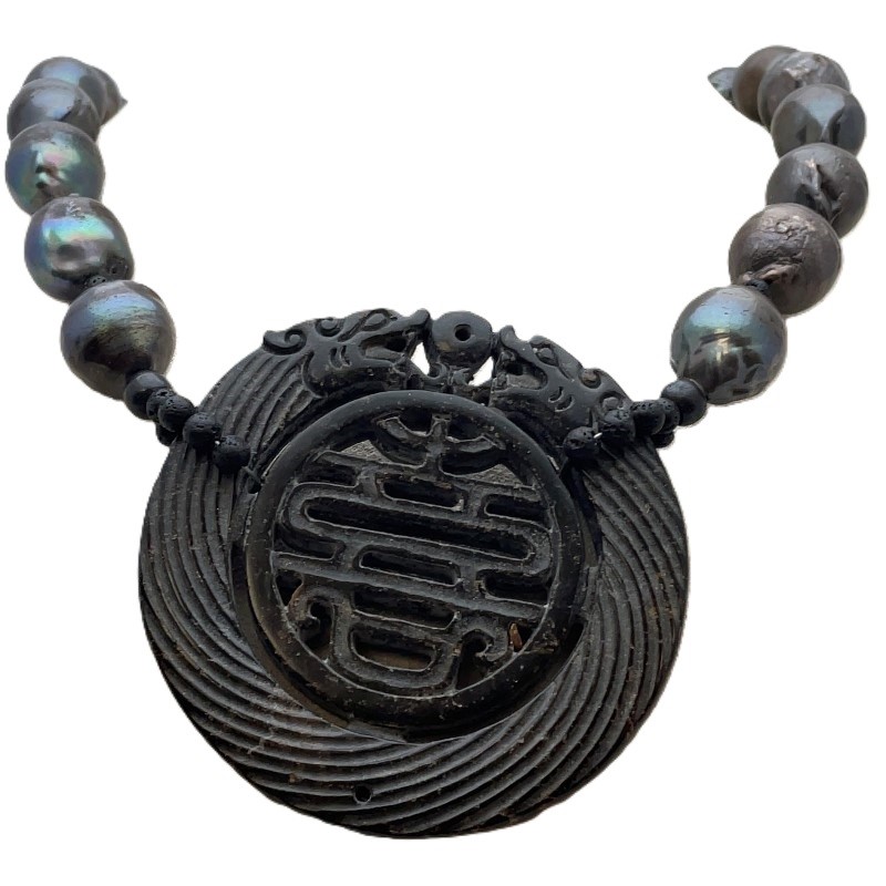 Lisa Zipperer Black Baroque Pearls  Agate With Carved Jade Medallion Necklace.