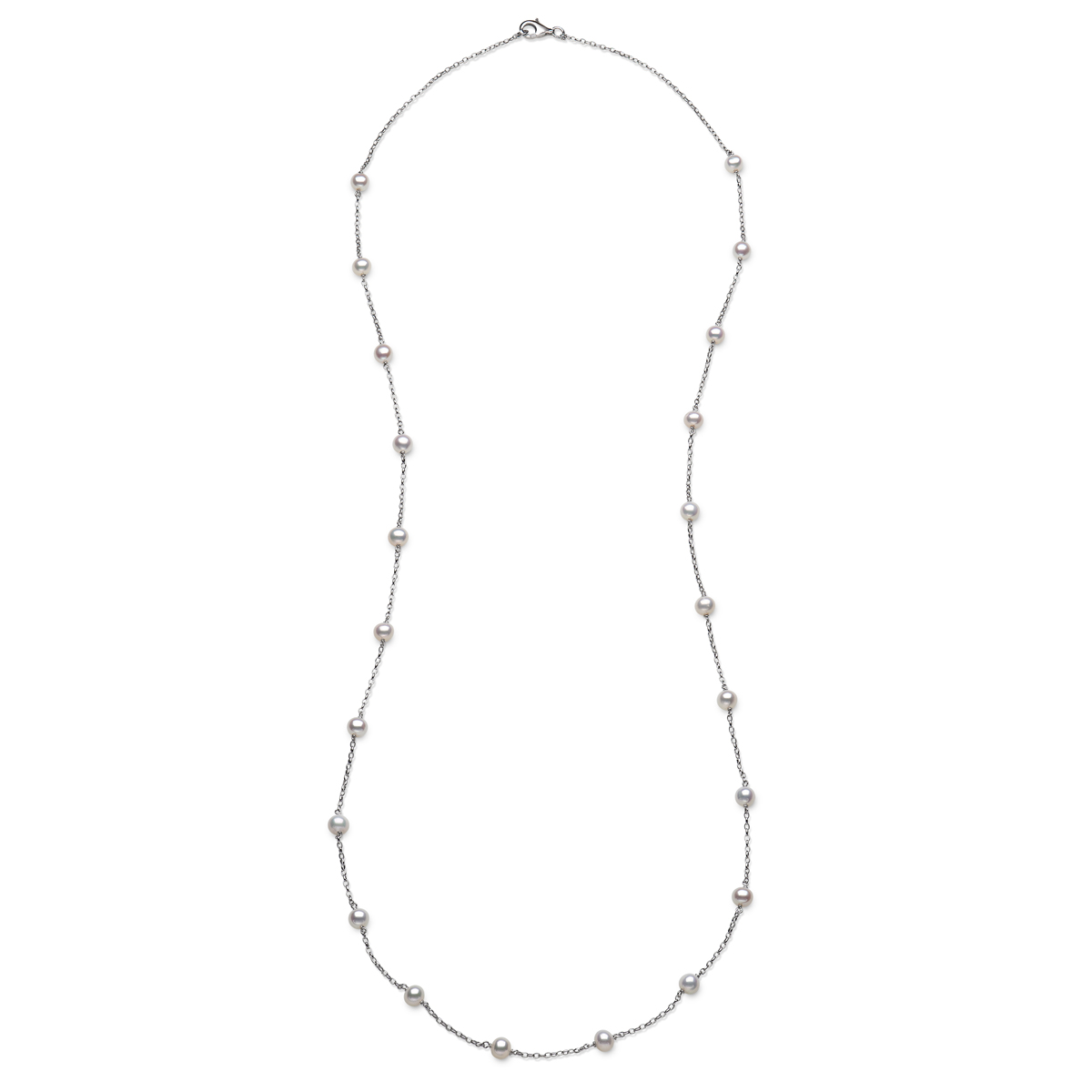 Sterling Silver Tincup Pearl Necklace On An Oval Link Chain Measuring 36" Long With A Lobster Clasp