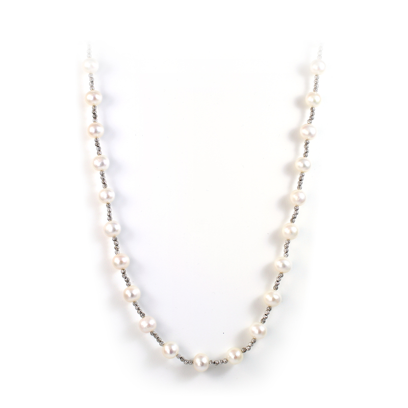 Sterling Silver Freshwater Pearl/Bead Necklace Measuring 24" Long With A Fluted Ball Clasp