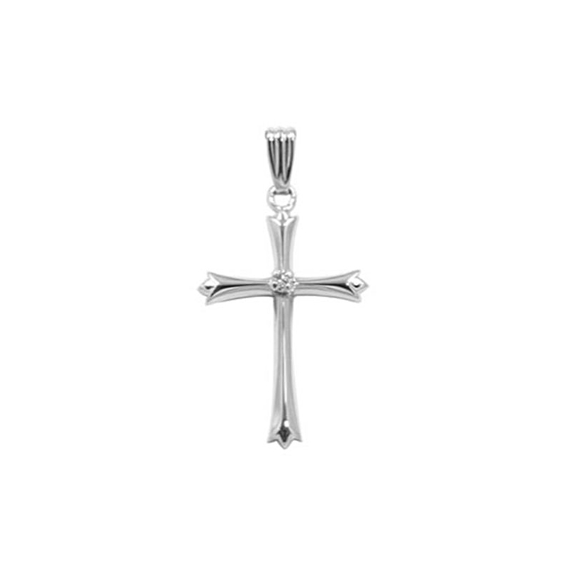 Sterling Silver Adult Cross Pendant With 1 Full cut Diamond Prong Set In The Center Suspended On An 18" Rolo Link Chain