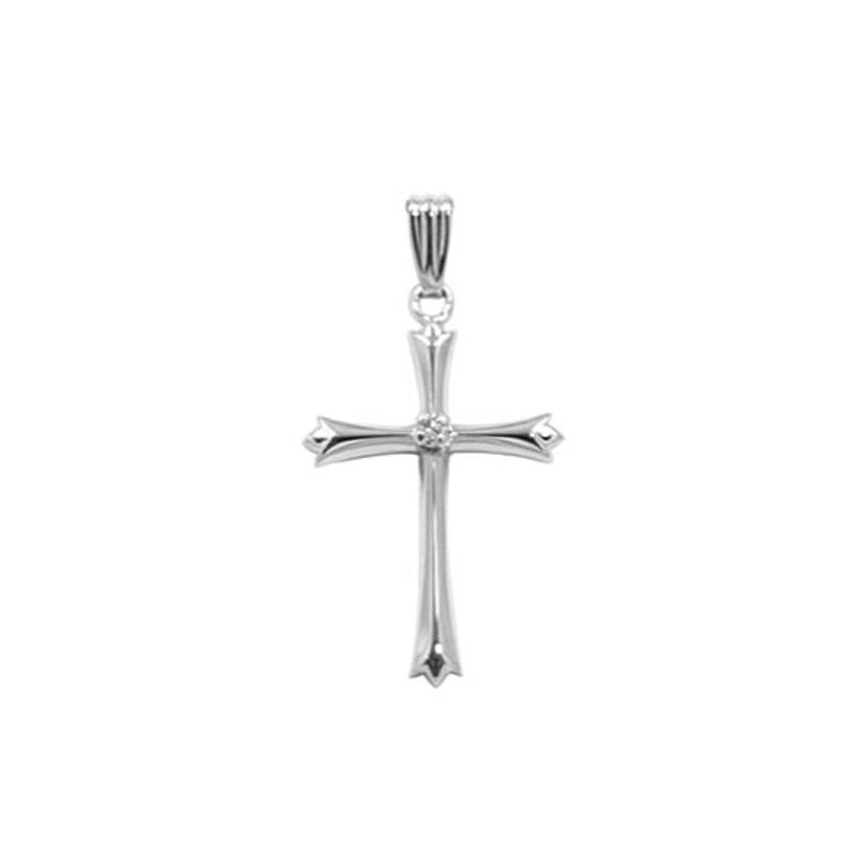 Sterling Silver Adult Cross Pendant With 1 Full cut Diamond Prong Set In The Center Suspended On An 18