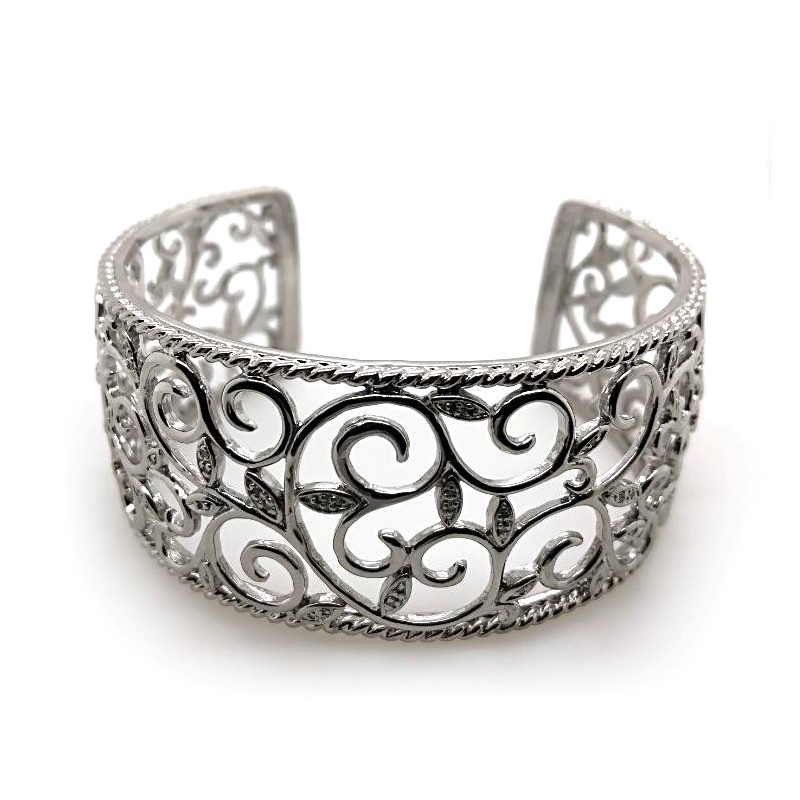 Sterling Silver Diamond Scroll Leaf Design Cuff Measuring Approximately 1 1/4" Wide With .10Tw.