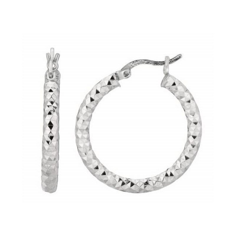 Sterling Silver Diamond Cut Hoop Earrings With Rhodium Finish