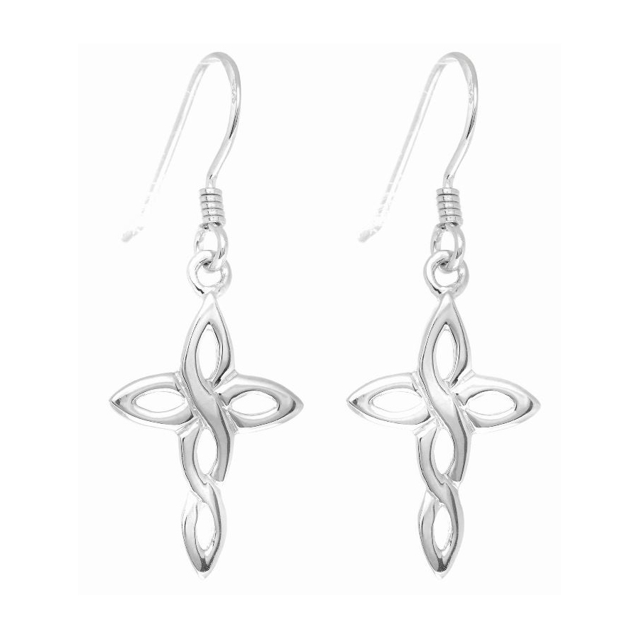 Sterling silver Celtic cross drop earrings with shepard hooks.