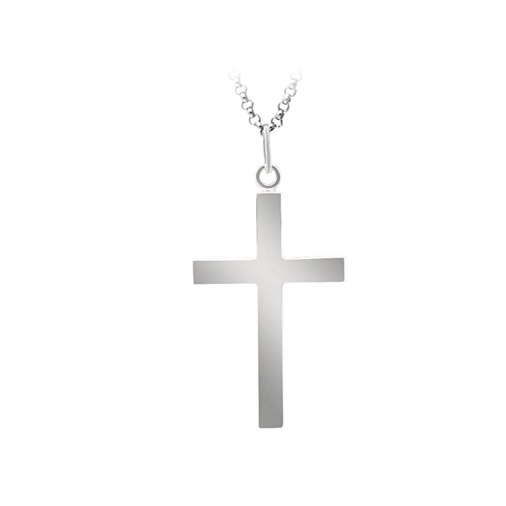 Sterling Silver Adult Square Edged Polished Cross Pendant On A 24 Inch Rolo Chain.