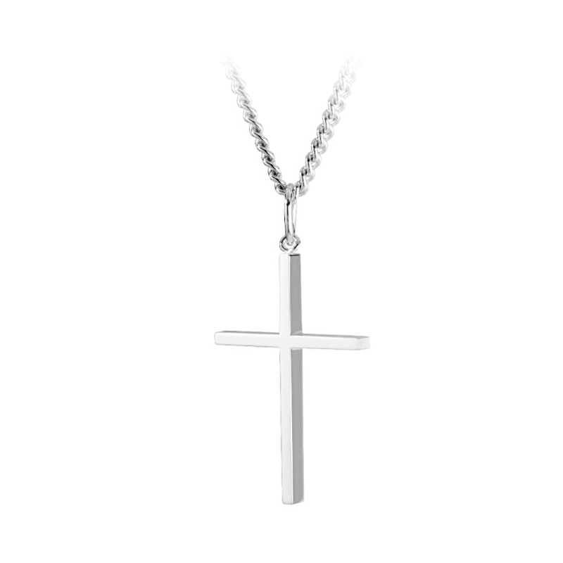 Sterling Silver Adult Square Edged Skinny Polished Cross Pendant On A 24 Inch Chain