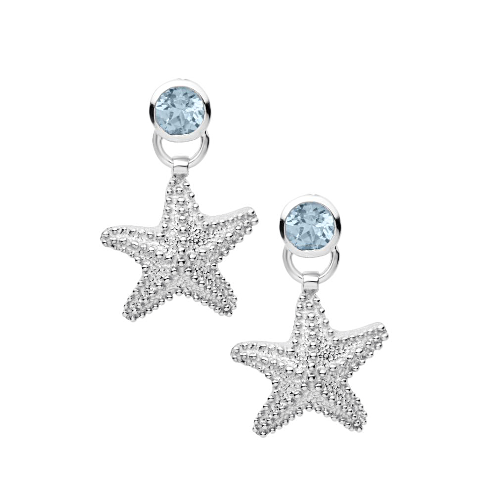 Sterling Silver Starfish Drop Earrings With 1 Round Cut Swiss Blue Topaz Bezel Set On Each Stud Section