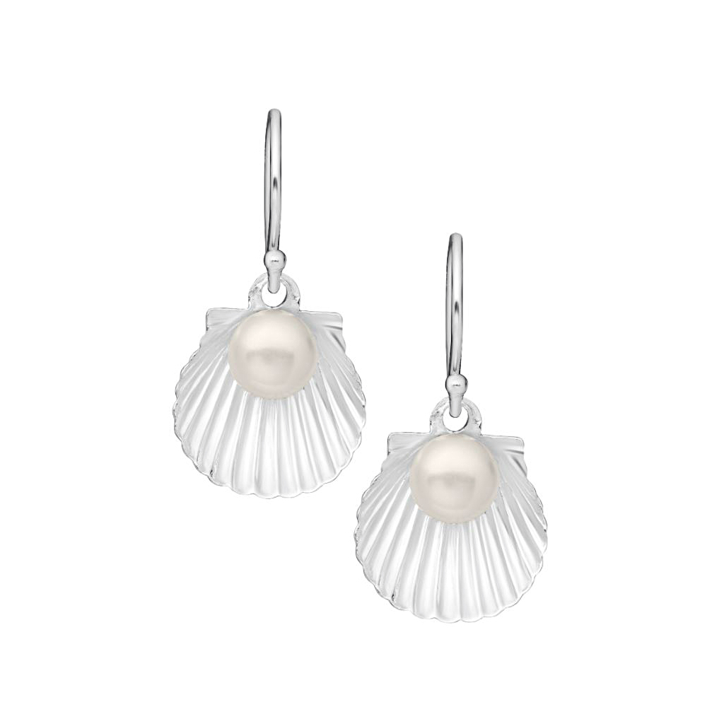Marathon Sterling silver pearl & scallop shell dangle earrings with shepherds hook ear wires.