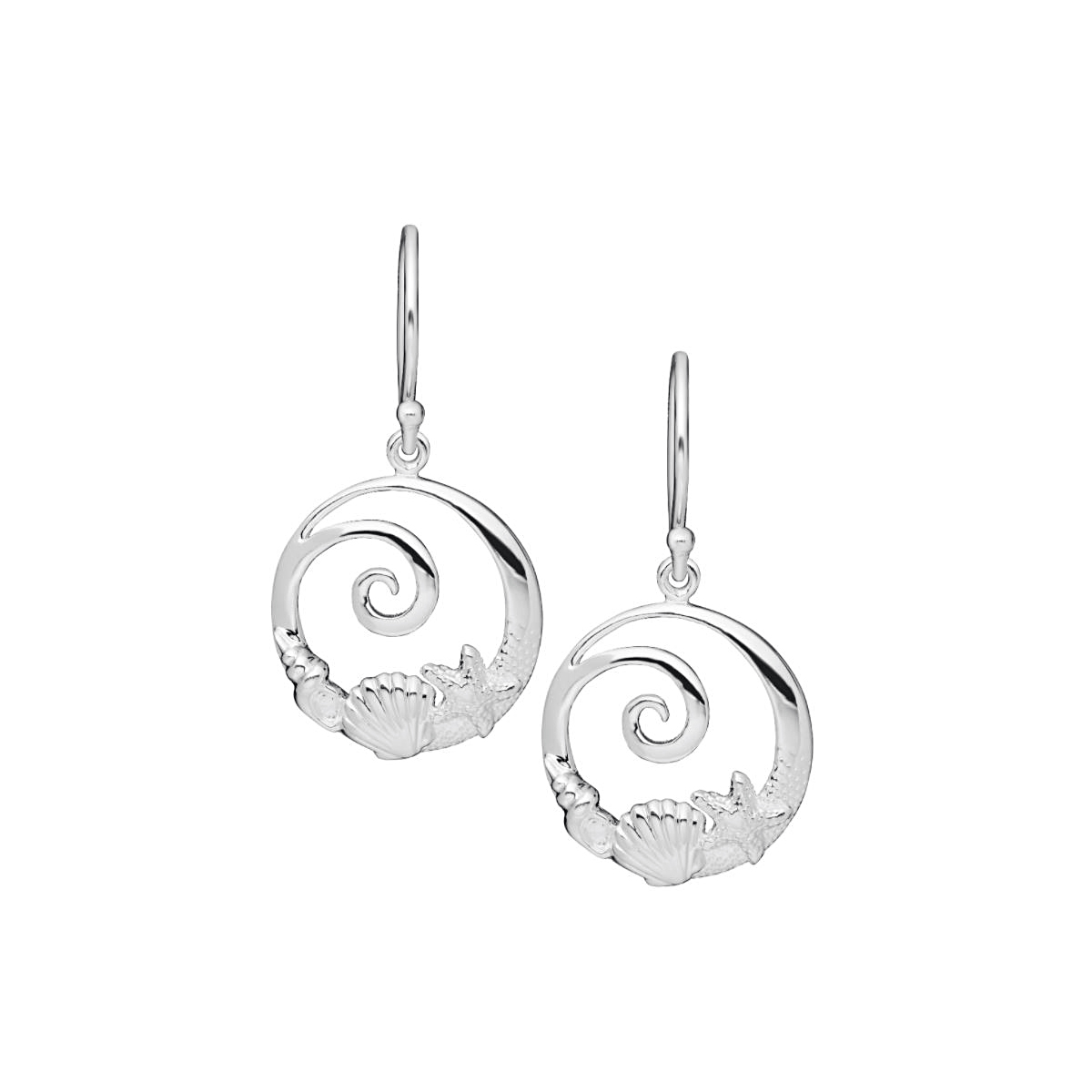 Sterling Silver Round Wave With Seashells Dangle Earrings