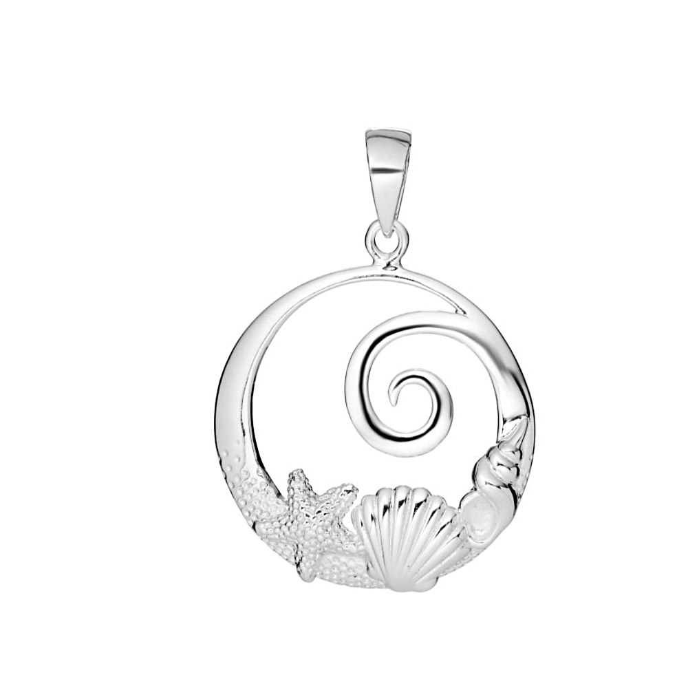 Sterling Silver Round Wave And Seashells Pendant On An 18 Inch Rolo Chain.