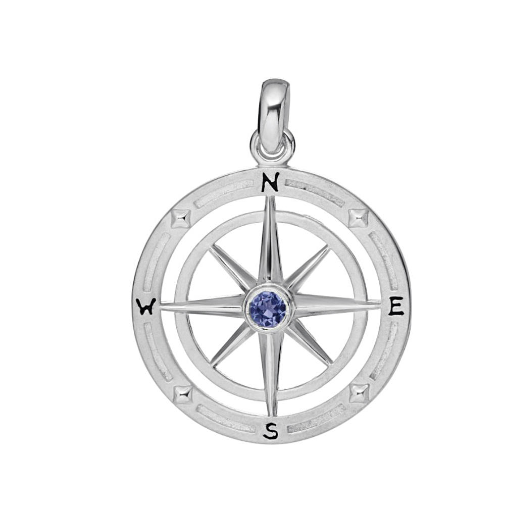 Sterling Silver Compass Rose Pendant With One Faceted Blue Sapphire Bezel Set In Center On An 18 Inch Rolo Chain.