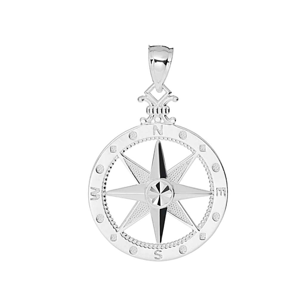 Sterling Silver Etched 20mm Compass Rose Pendant On An 18 Inch Rolo Chain.