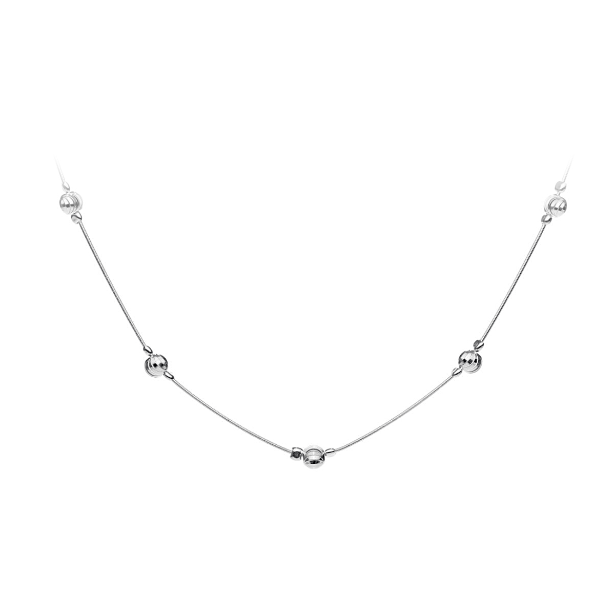 Sterling Silver Single Strand Necklace With 5 Round Bead Stations Measuring 18 Inches.