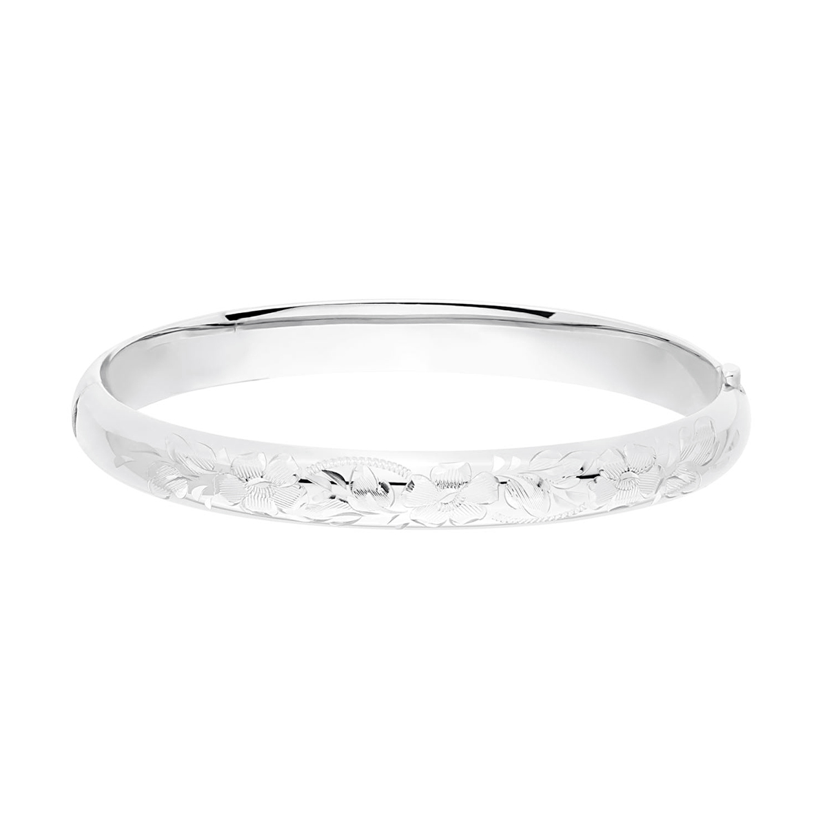 Sterling Silver Flower Engraved 7 Inch Bangle Bracelet With Push Button Guard & Hinge Clasp.