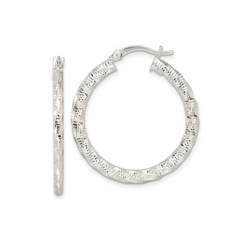 Sterling silver 2.25mm polished and textured hoop earrings measuring 30mm in diameter.