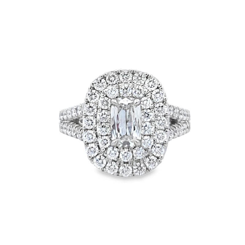 Henri Daussi Cushion Cut Double Diamond Halo Pave Split Shank Engagement Ring