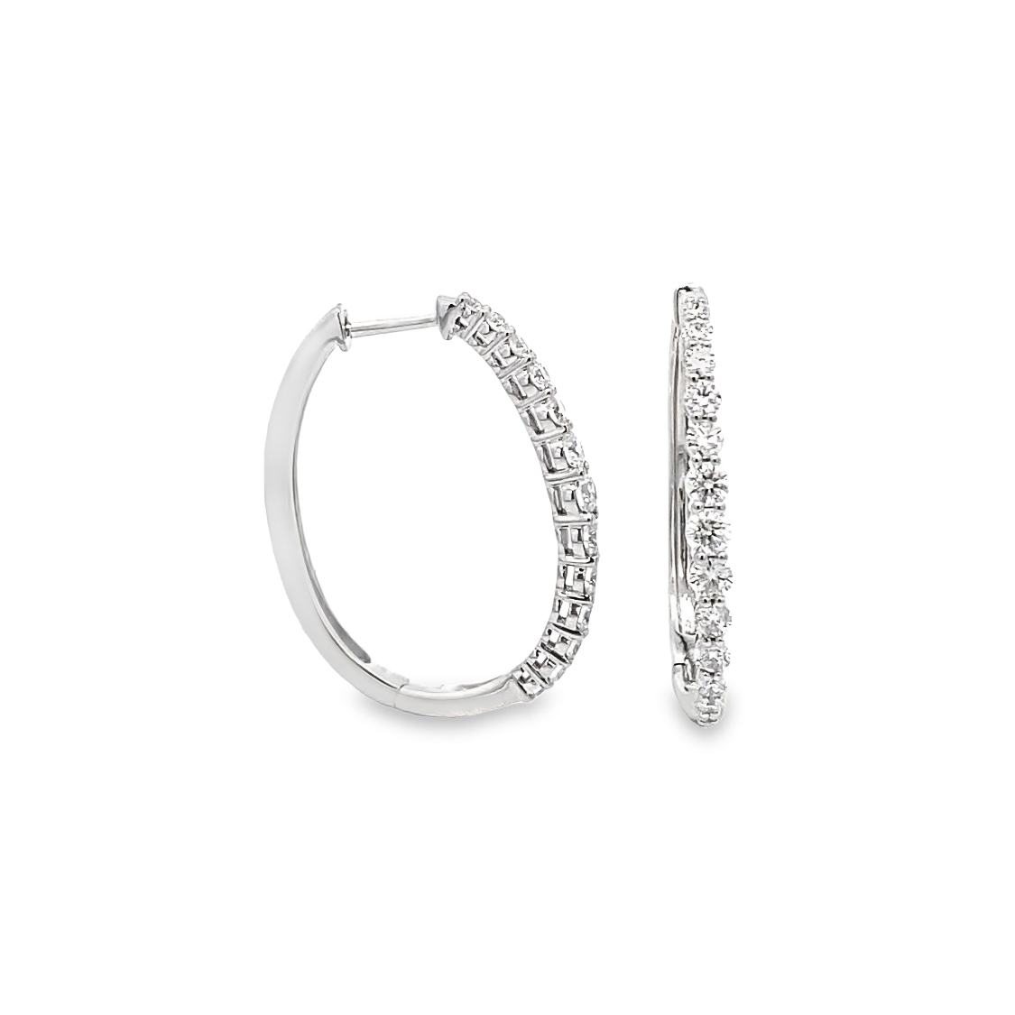 14 karat white gold oval diamond hoop earrings