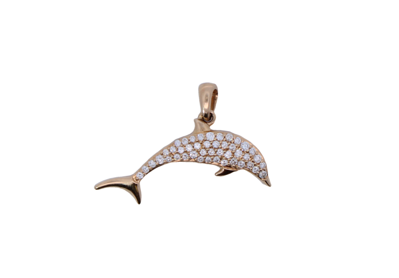 14 Karat Yellow Gold Diamond Dolphin Pendant Necklace With Polished Bail Measuring 18 Inches