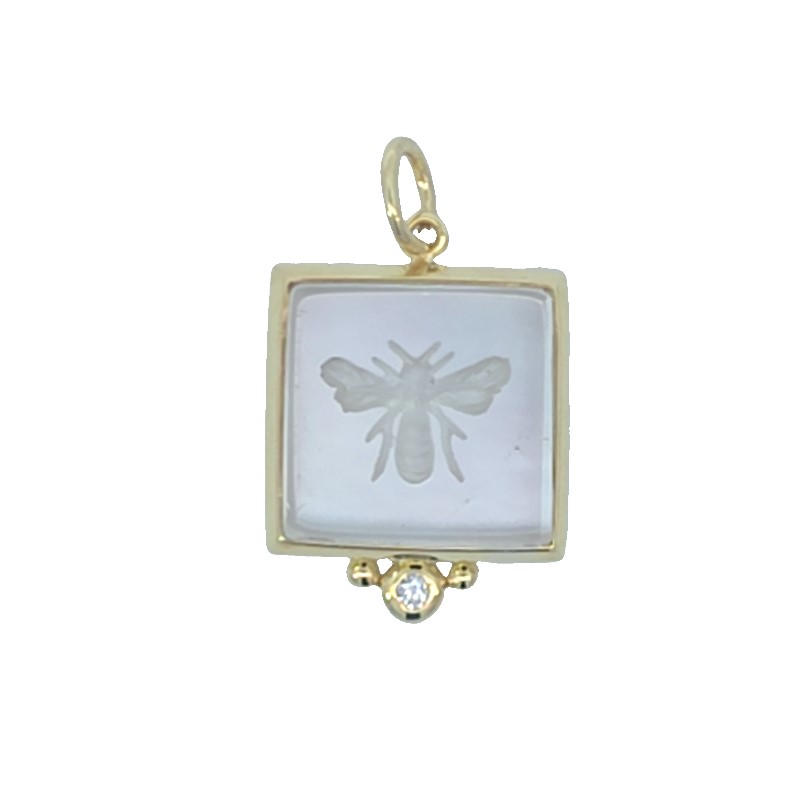 Mazza Square Carved Crystal Bee And Diamond Pendant