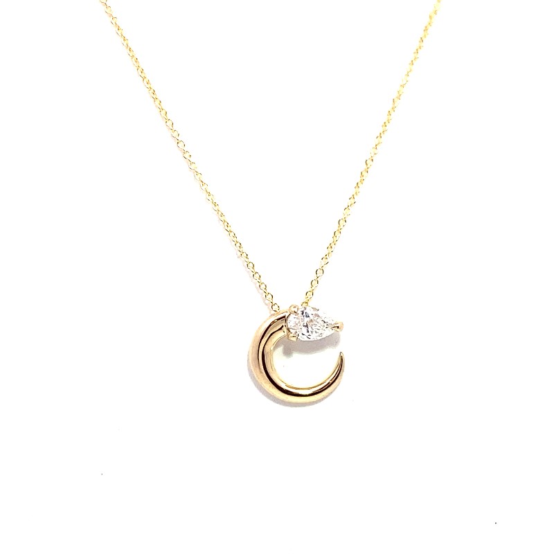 14 Karat Yellow Gold Crescent Shape Diamond Pendant Necklace 18 Inches Long Adjustable To 16 Inches