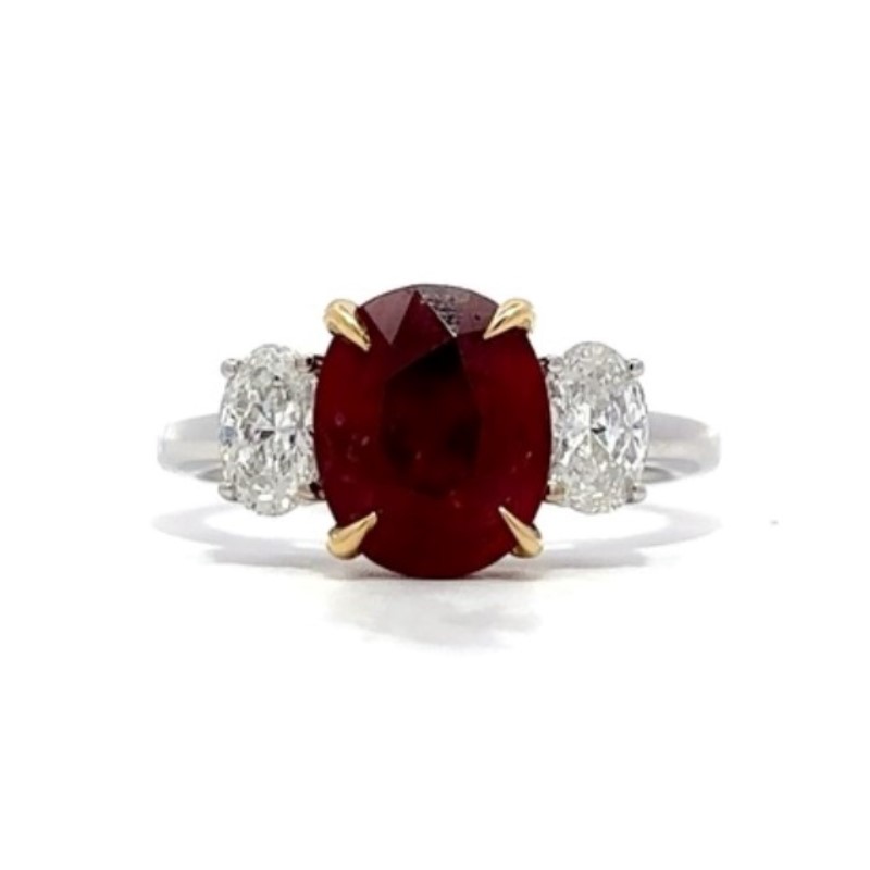 18 Karat White And Yellow Gold Ruby And Diamond 3 Stone Ring