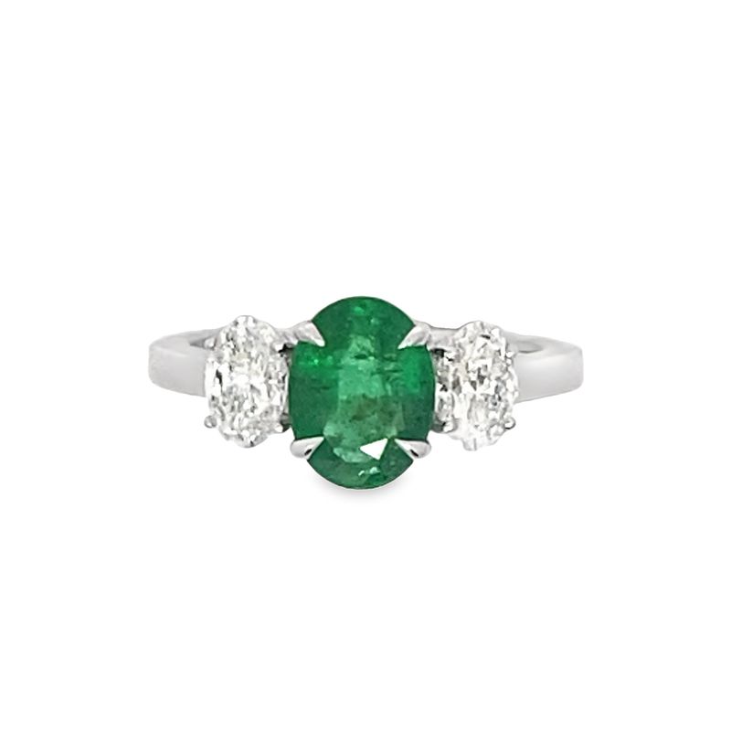 18 Karat White Gold Emerald And Diamond 3 Stone Ring