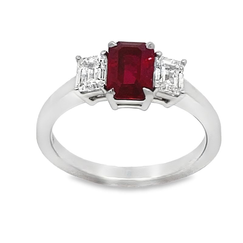 18 Karat White Gold Ruby And Diamond 3 Stone Ring