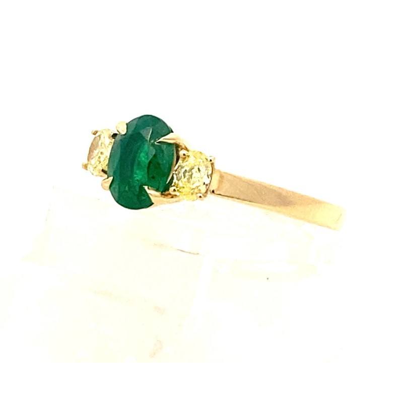 18 Karat Yellow Gold Emerald And Diamond 3 Stone Ring