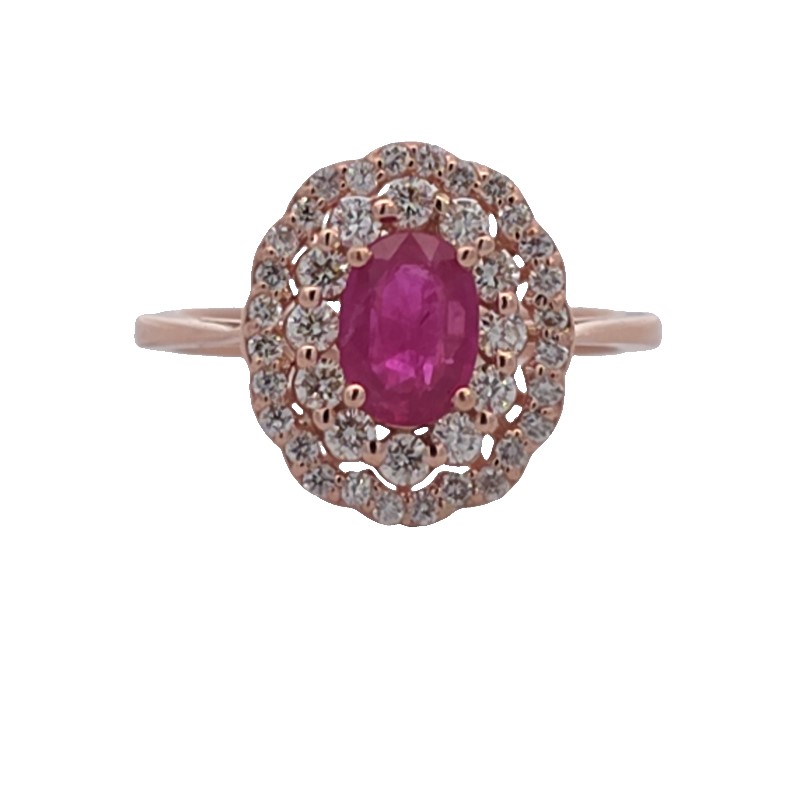 Scallop Edge Oval Ruby And Double Diamond Halo Ring