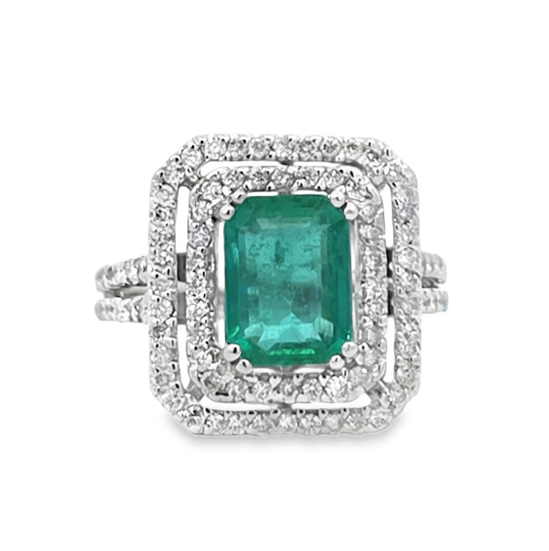 Emerald And Double Diamond Halo Ring