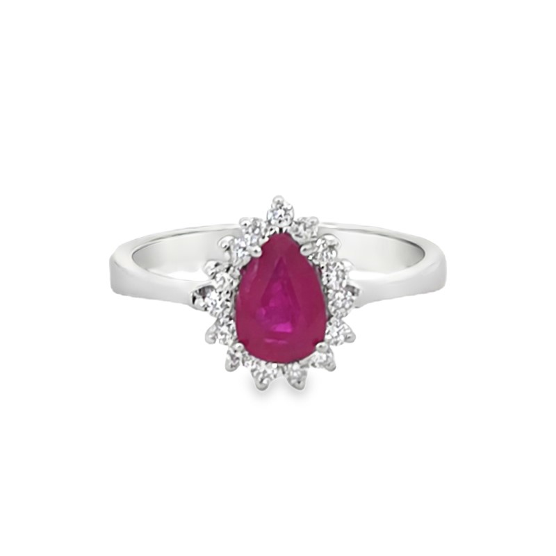 Pear Shaped Ruby And Diamond Halo Ring