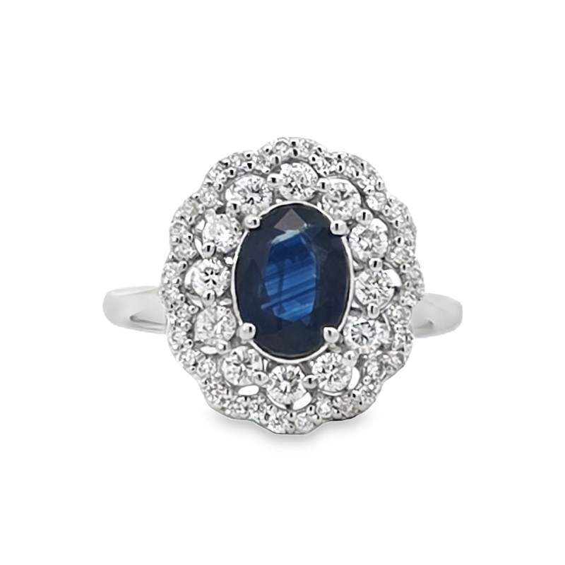 Scallop Edge Oval Blue Sapphire And Double Diamond Halo Ring