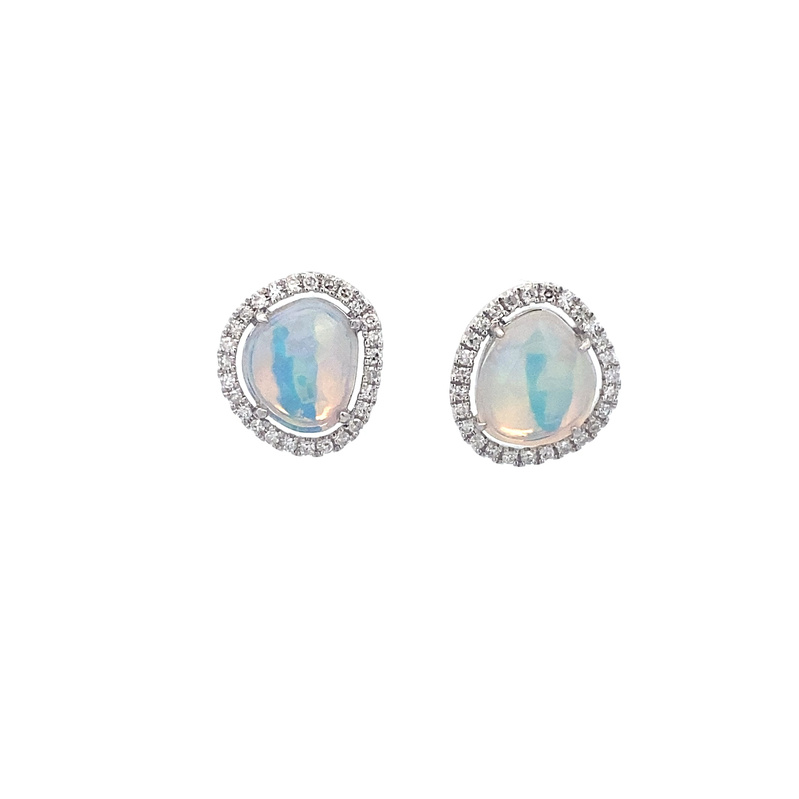 14 Karat White Gold Opal And Diamond Stud Earrings
