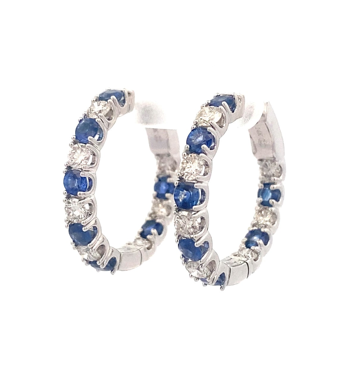 14 Karat White Gold Diamond And Blue Sapphire Inside Out Hoop Earrings