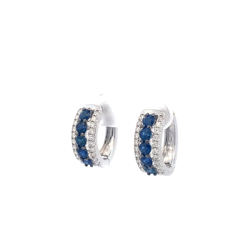 14 Karat White Gold Blue Sapphire And Diamond Hinged Hoop Earrings