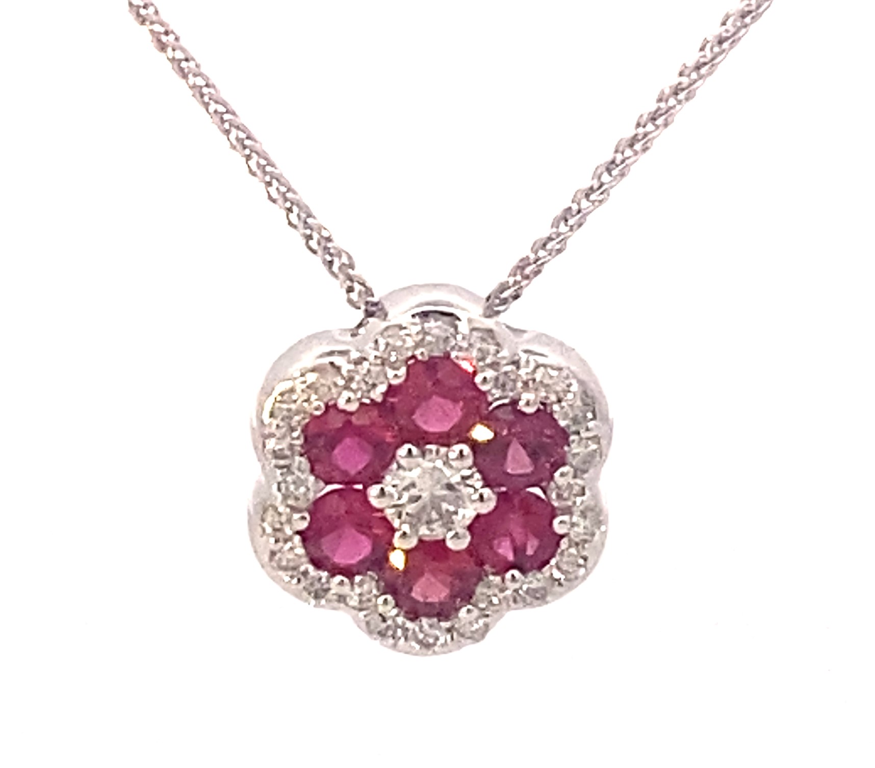 18 Karat White Gold Ruby And Diamond Pendant Necklace Measuring 18"