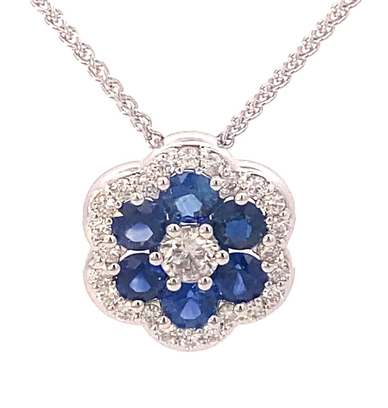 18 Karat White Gold Blue Sapphire And Diamond Pendant Necklace Measuring 18"