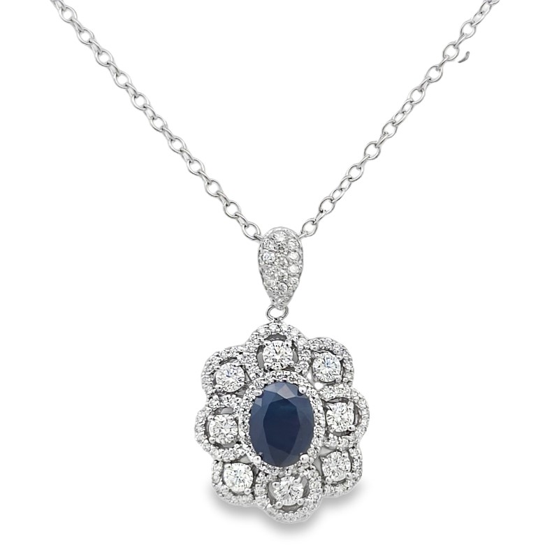 Oval Sapphire And Diamond Flower Pendant Necklace