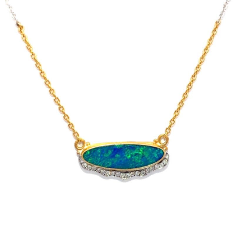 Lika Behar Ocean Smiles Opal Doublet Necklace The pendant contains an oval opal doublet bezel set with diamonds set in wavy bottom edge