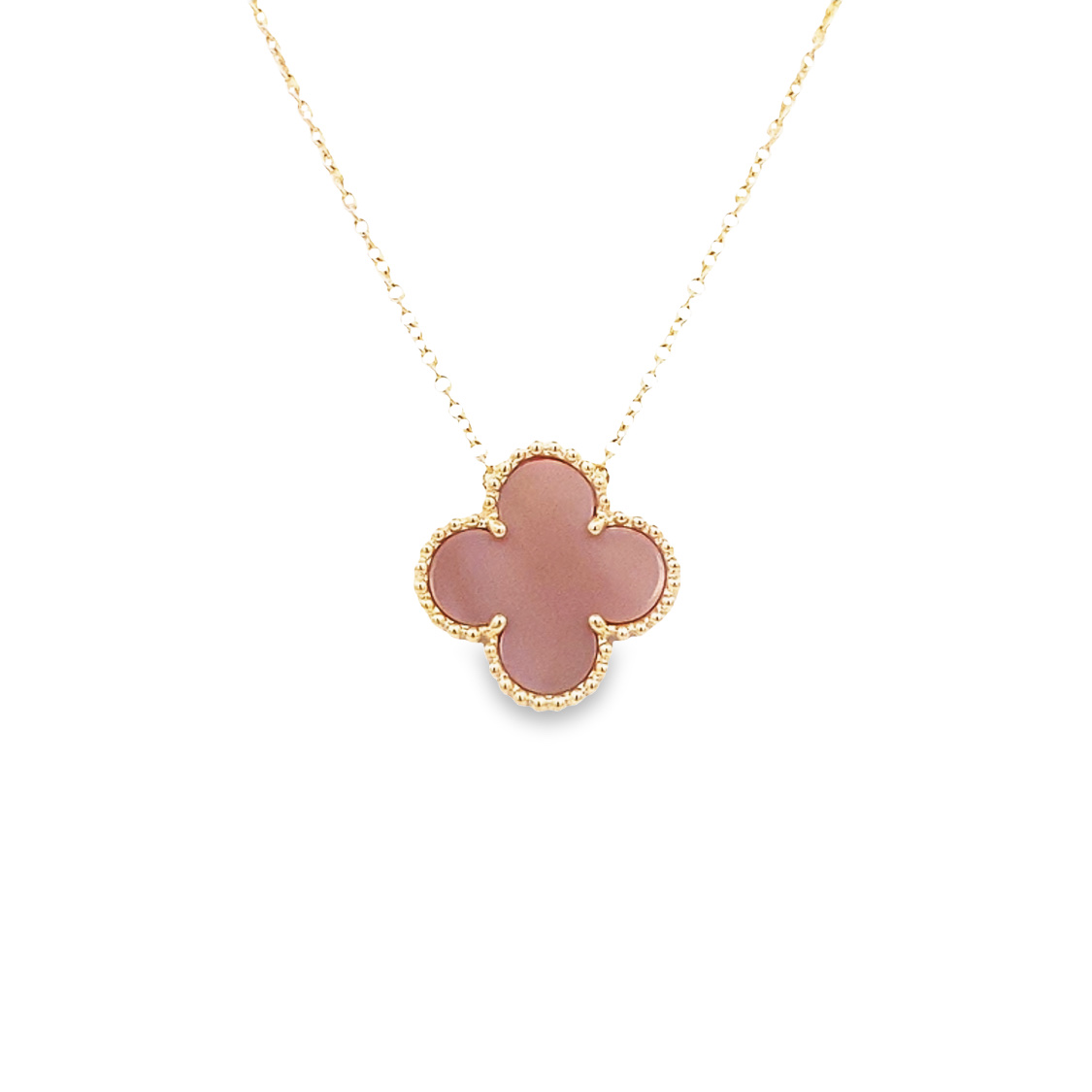 14 Karat Yellow Gold Pink Mother Of Pearl Clover Necklace