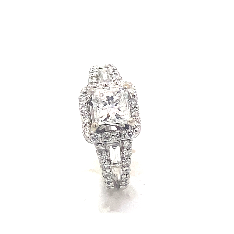 Estate 14 Karat White Gold Princess Cut Diamond Halo Engagement Ring