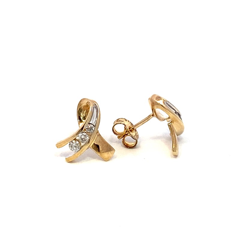 Estate 10 Karat Yellow Gold Diamond Ribbon Style Earrings