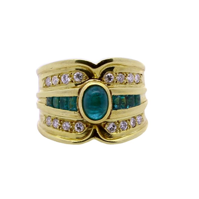 Estate 18 Karat Yellow Gold Emerald And Diamond Cigar Band Ring Measuring A Size 8.5