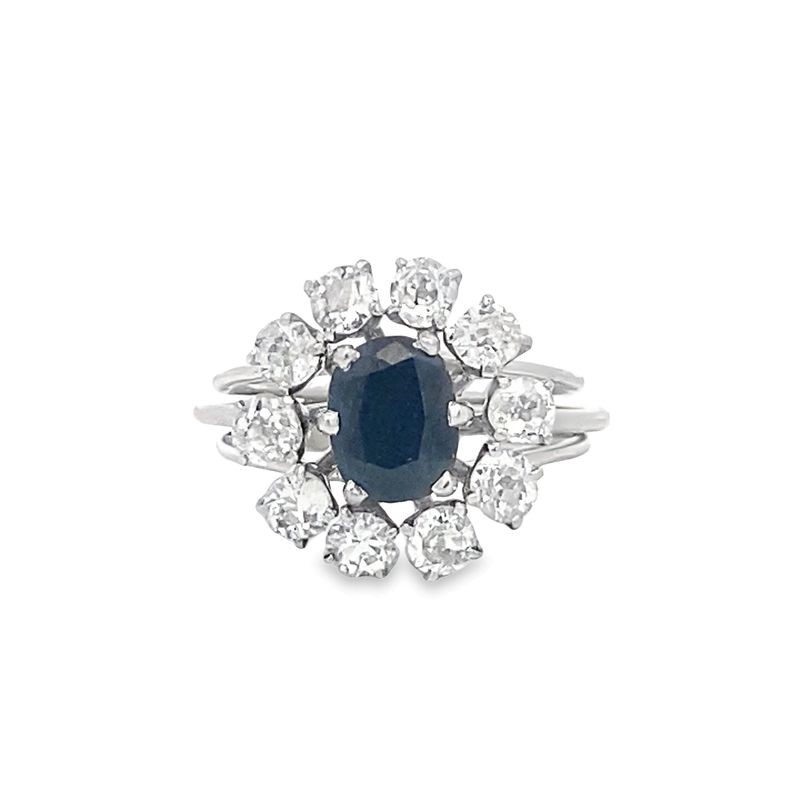 Estate 18 Karat White Gold Blue Sapphire And Diamond Ring Measuring A Size 5