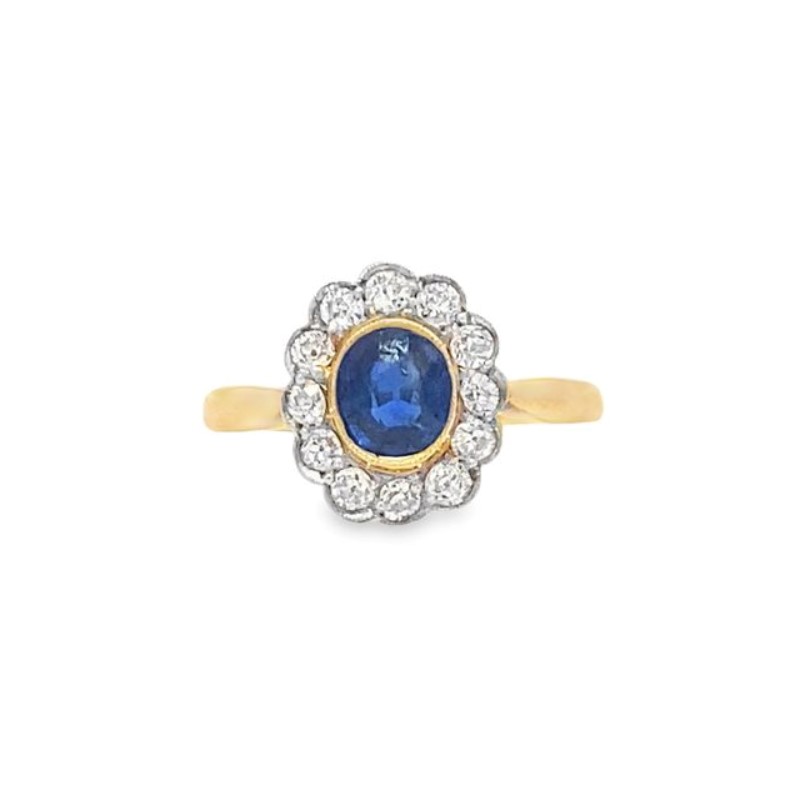 Estate 18 Karat Yellow Gold Blue Sapphire And Diamond Ring