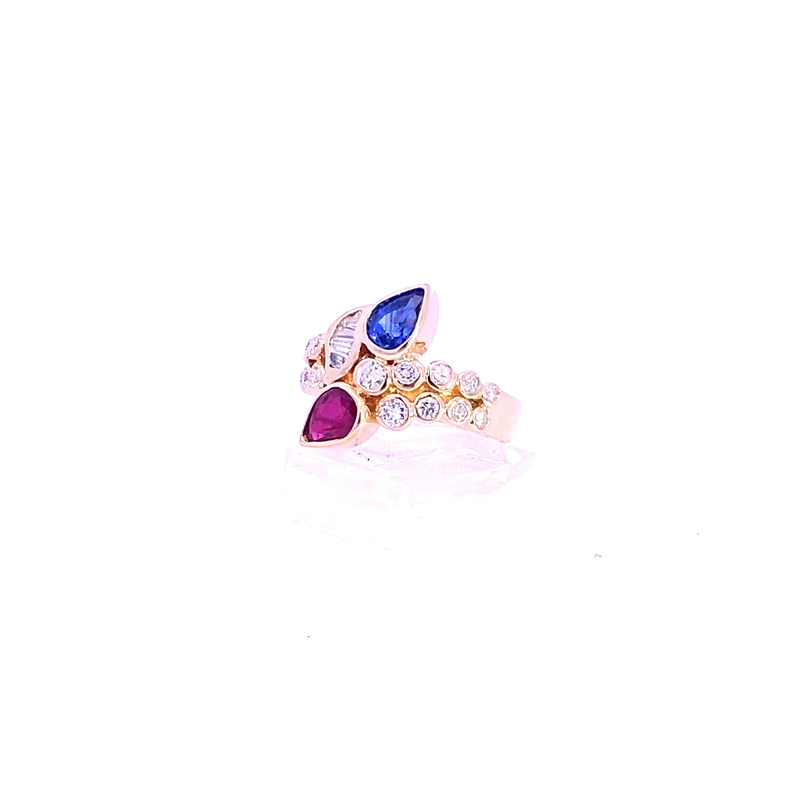 Kamsly Estate 18 Karat Yellow Gold Diamond  Ruby  And Sapphire Ring
